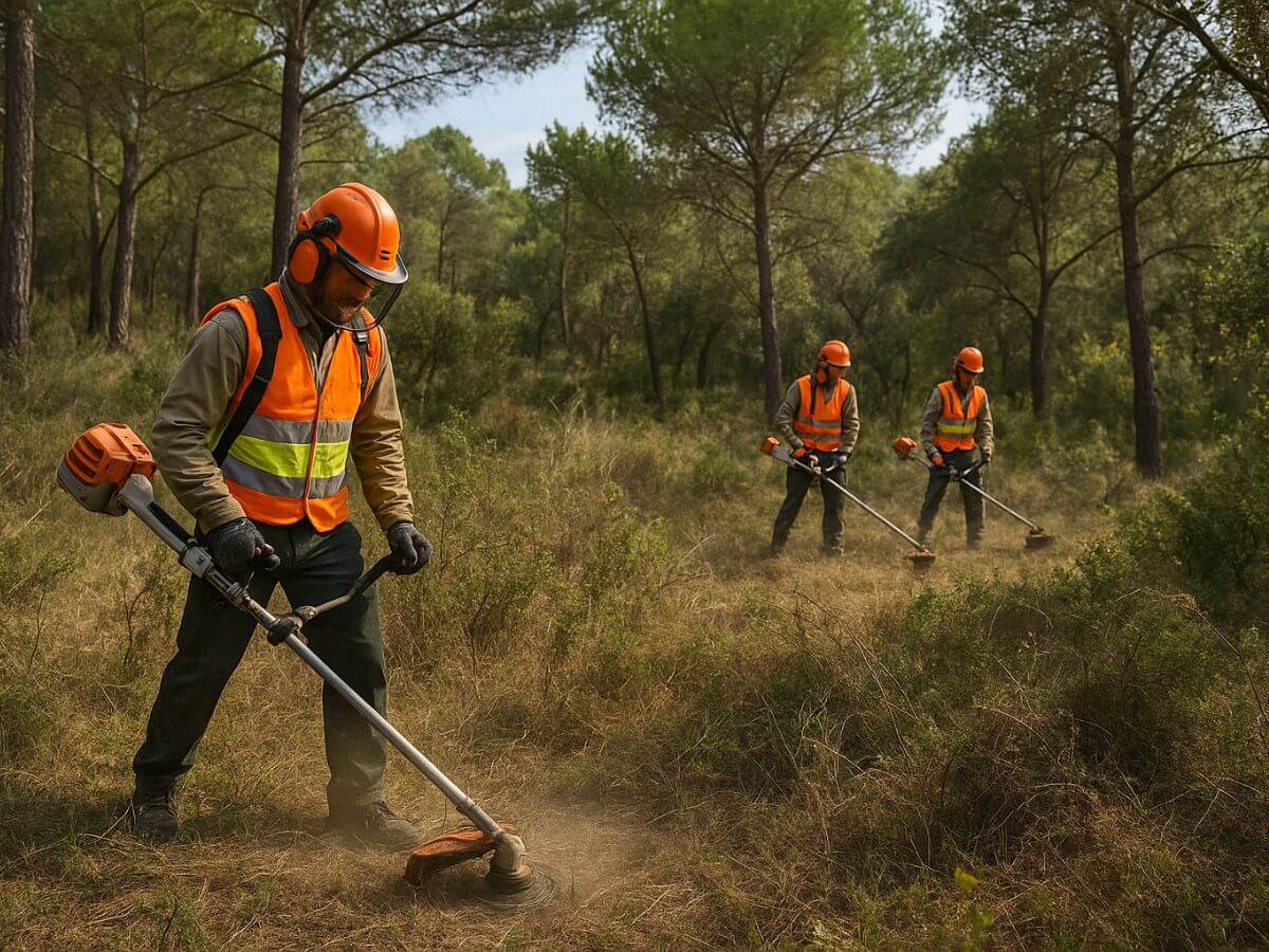 Equipo realizando un desbroce selectivo en una zona boscosa cerca de Capellades para reducir el riesgo de incendio.
