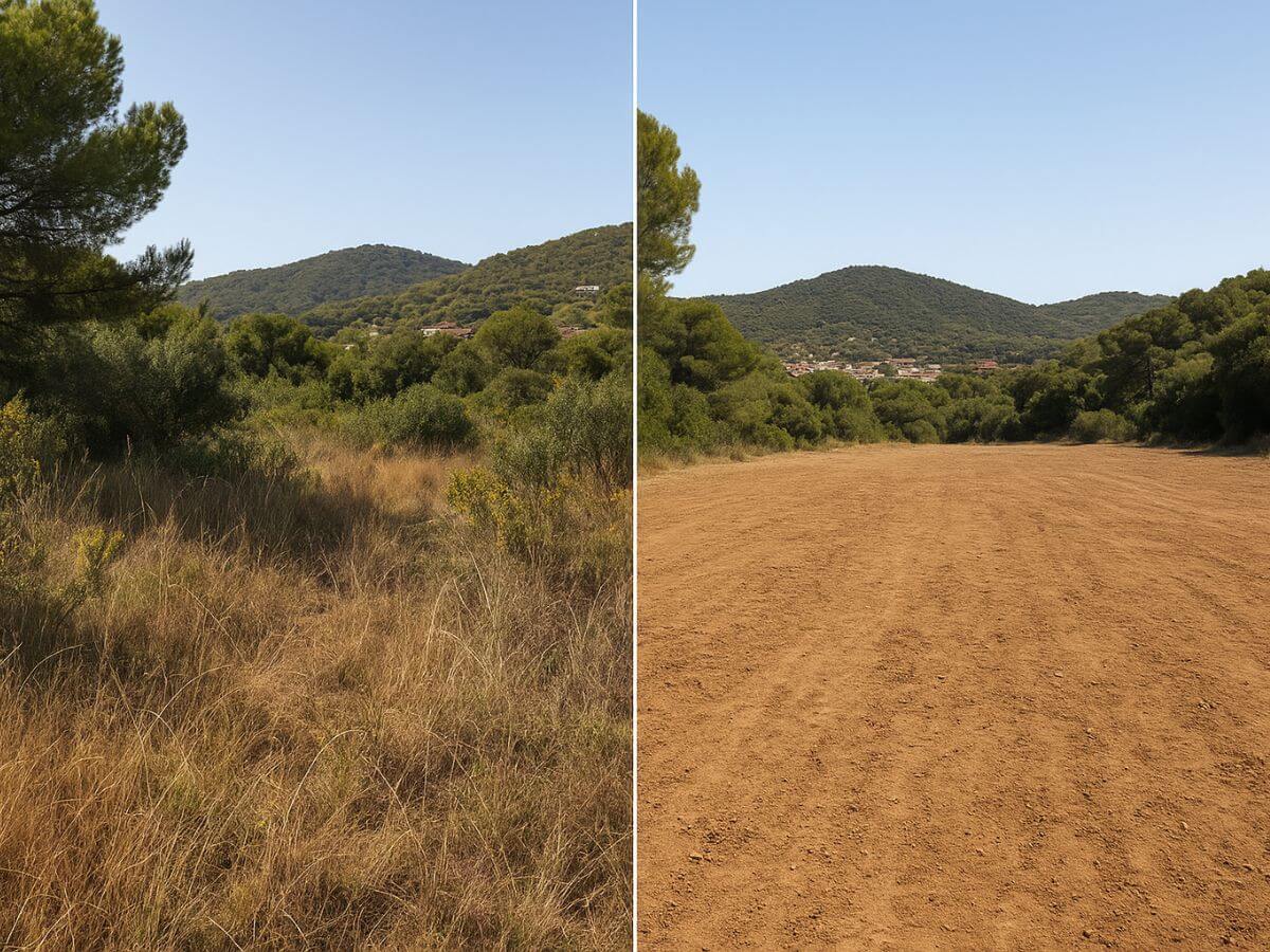 Antes y después de la limpieza de una parcela en Castelldefels para crear una franja de protección contra incendios cerca del Garraf.