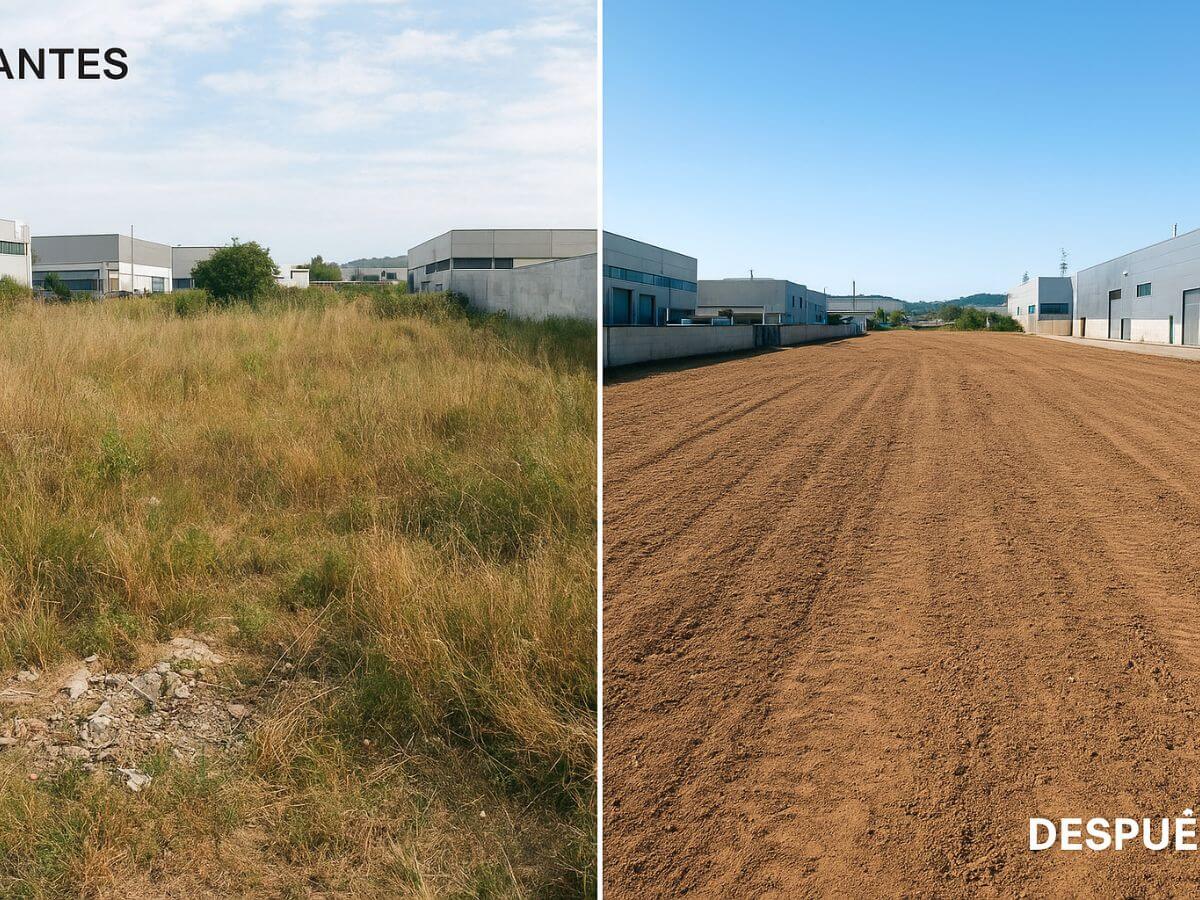 Antes y después del desbroce de un solar industrial en Igualada para una nueva construcción.