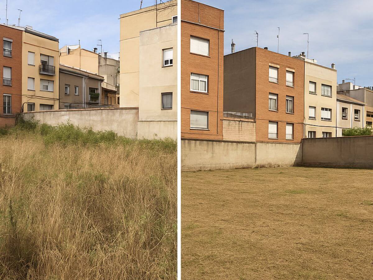 Antes y después del desbroce de un solar en Badalona