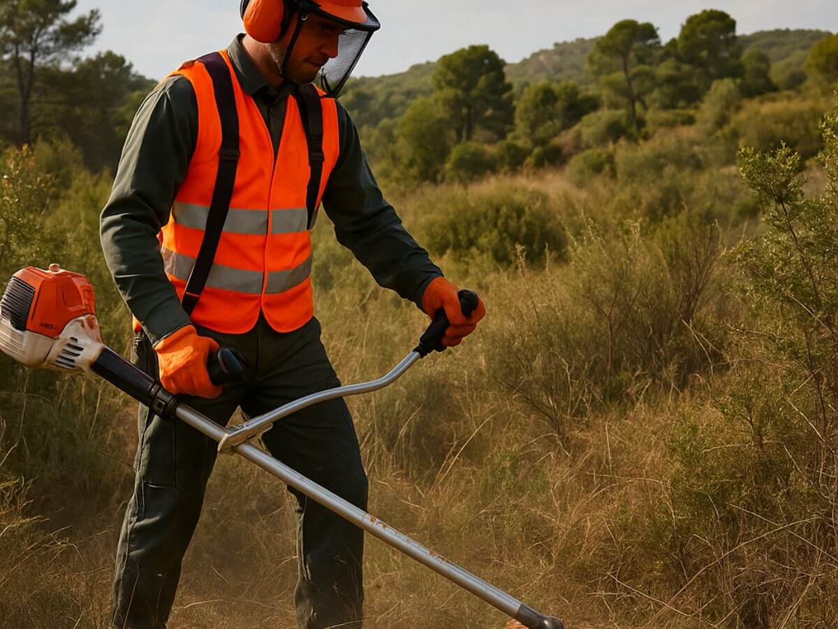 Desbrozadora trabajando en la limpieza de un campo con vegetación densa en la comarca de Anoia.