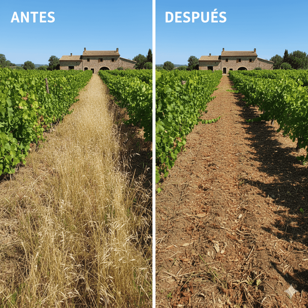 Comparativa de antes y después de un servicio de desbroce en los márgenes de un viñedo en Subirats, Alt Penedès, mostrando la eliminación completa de maleza.