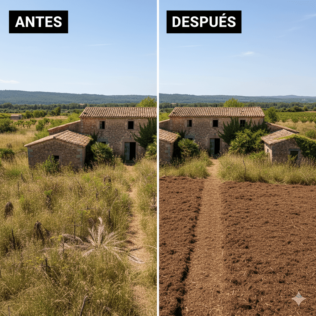 Comparativa del antes y después de una limpieza de finca y desbroce en el entorno de una masía en Vilafranca del Penedès, creando una franja de protección contra incendios.