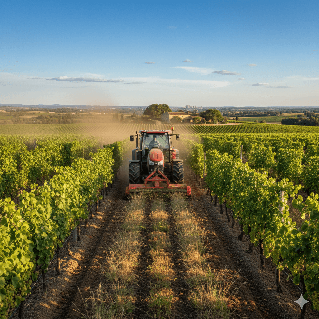 Maquinaria de desbroce profesional trabajando en los pasillos de un viñedo en el Alt Penedès, realizando una limpieza de mantenimiento.