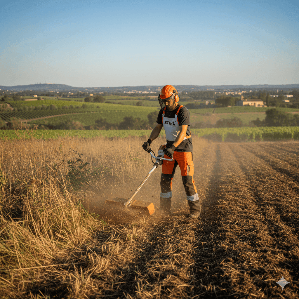 Operario con equipo de protección (EPIs) y vestimenta Stihl manejando una desbrozadora forestal con disco de triturado en una finca del Alt Penedès.