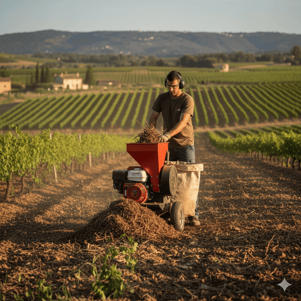 Operario utilizando una trituradora de gasolina profesional para procesar sarmientos y restos de poda en un viñedo del Alt Penedès.